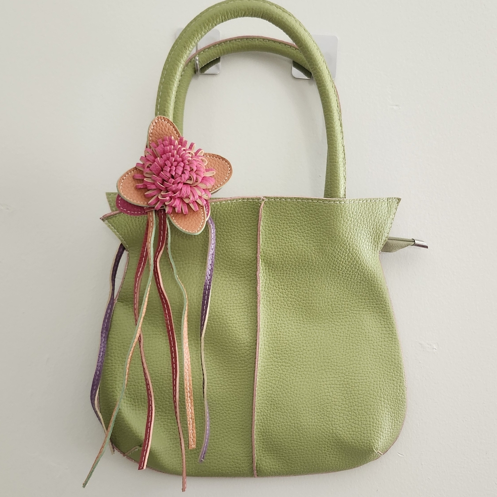 Mellow World. Green Leather Handbag with Floral Accent.